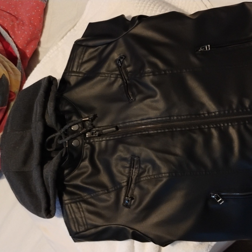 Black leather jacket with hood